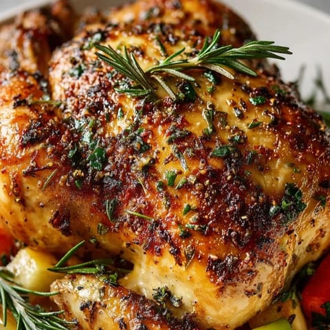 Vue rapprochée d'un poulet rôti à la peau croustillante et aux herbes fraîches.