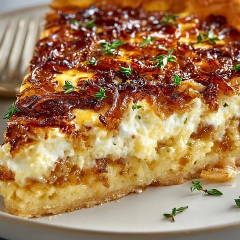 Succulent "Easy French Onion Tart" avec une pâte feuilletée et du fromage dégoulinant, prêt à être partagé.
