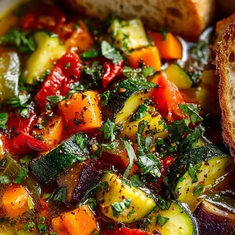 Simple soupe provençale aux légumes, couleurs vives, herbes fraîches, idéale pour un déjeuner léger.