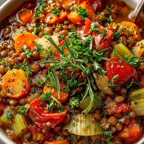 Un épais stew français aux lentilles végétarien mijoté, avec des légumes vibrants, prêt à être servi.