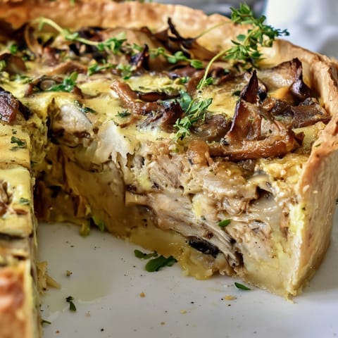 Une tranche tentante d'une quiche aux champignons sauvages végétarienne, garnis d'herbes fraîches.