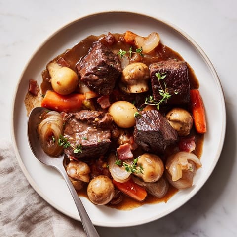 Boeuf bourguignon riche et mijoté, garni de champignons, prêt à être servi.