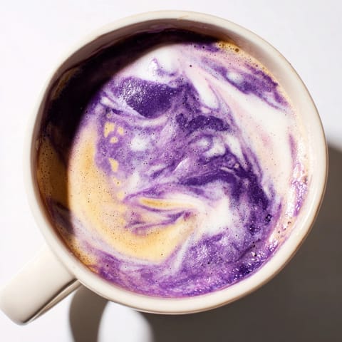 Close-up of a creamy Ube Latte in a clear glass with ice; refreshing Filipino fusion.