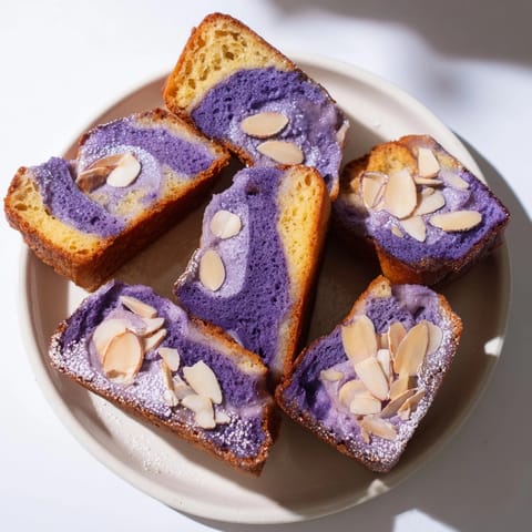 Financiers amande et ube : des gâteaux français teintés de violet, riches, légers et parfumés.