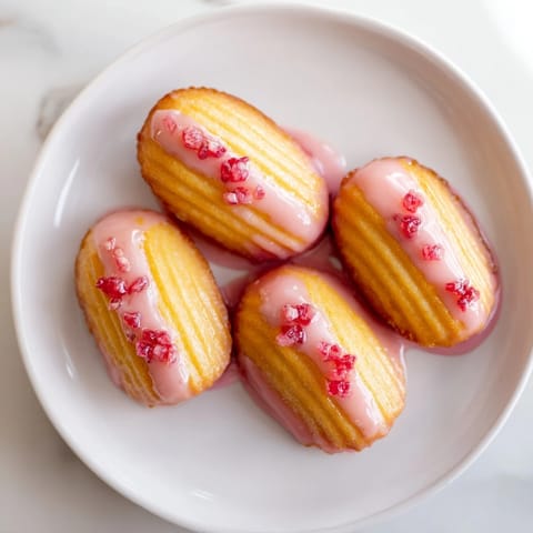 Golden French madeleines are elegantly drizzled with a rich cherry martini glaze.  