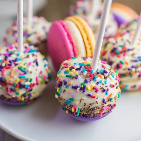 Whimsical Macaron Chaos Cake Pops stacked delightfully, showcasing vibrant colors and textures.  