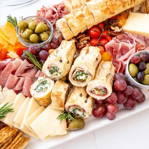 Indulge in a delicious charcuterie board featuring elegant savory éclairs and fresh cheeses.  
