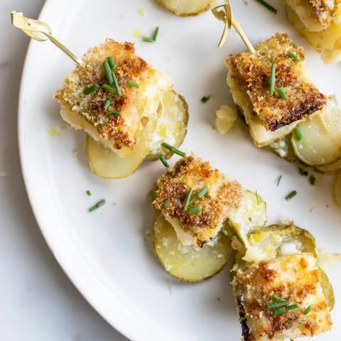 Savoureuses brochettes de gratin dauphinois mêlant crémeux et piquant des cornichons.  