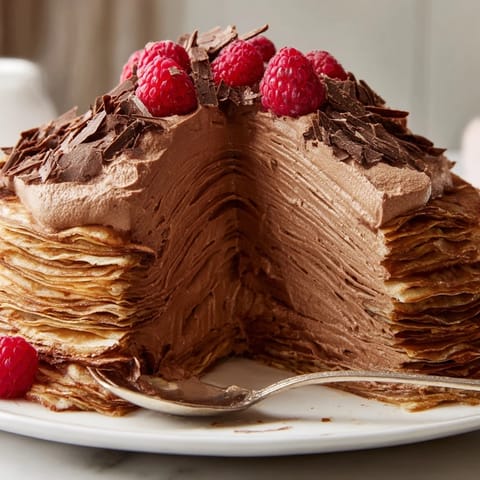 De délicates crêpes superposées garnies de mousse au chocolat riche et onctueuse.
