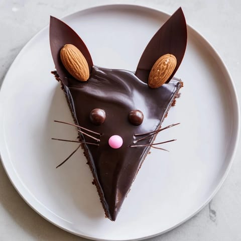 Decadent Gâteau Rat Rigolo au Chocolat Chaotique, a rich chocolate cake, ready with its fun rat design.