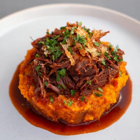 Golden, bubbly Oxtail Parmentier topped with a spiced sweet potato mash looks inviting.