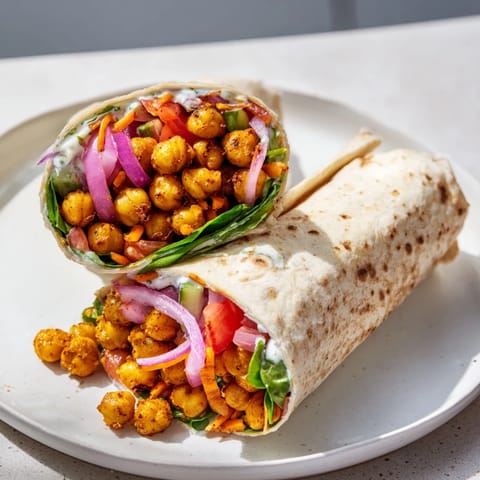 Get a close-up of a Spiced Chickpea Sandwich Wrap, ready to eat, with crunchy vegetables and creamy sauce.