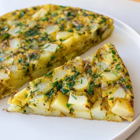 A piping-hot Potato & Herb Frittata, showing fluffy eggs with herbs and potatoes.