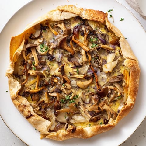 The baked Rustic Mushroom & Shallot Tart features caramelized mushrooms and shallots, perfect for dinner.