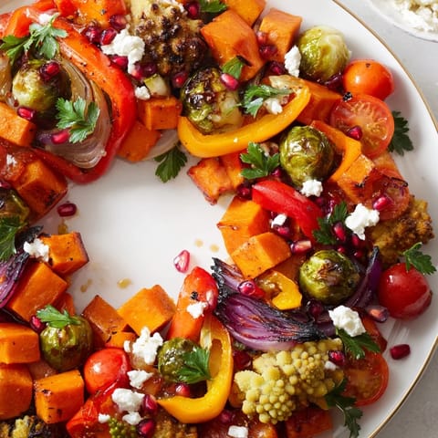 Vivid image of a Festive Vegetable Christmas Wreath, featuring colorful roasted winter vegetables, a holiday delight.
