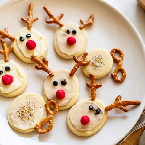 Golden-baked Santa's Reindeer Cookies, adorned with pretzels and candies, perfect for holiday treats.