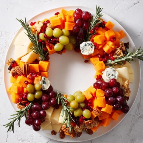 A colorful Holiday Wreath Cheese Ring with brie, cheddar and garnishes, ready to serve as an appetizer.
