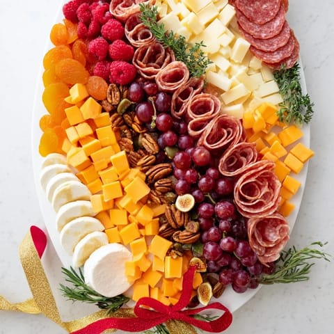 A stunning meat and cheese festive stocking charcuterie board overflowing with savory and sweet delights.