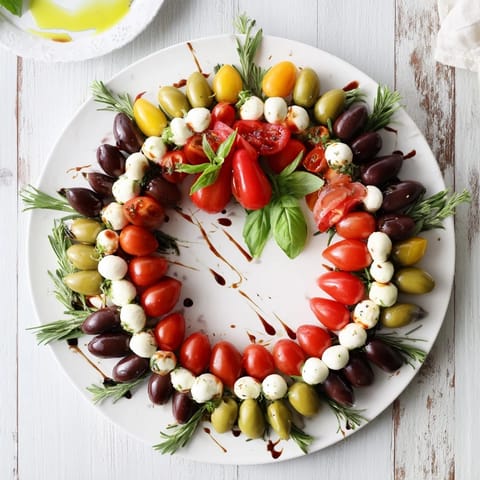 Mediterranean-style olive and cherry tomato appetizer wreath, beautifully garnished and ready to serve.