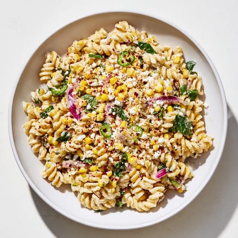 This colorful image displays a fresh and zesty Creamy Street Corn Pasta Salad, ready to serve.