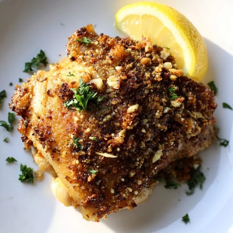 Crispy Garlic Chicken Thighs, glistening and golden-brown, ready to serve with fresh parsley and lemon.