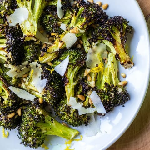 A close-up of the delicious Charred Broccoli Salad, showing the smoky roasted broccoli florets.