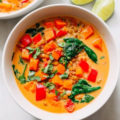 Steaming bowl of flavorful lentil red curry soup, perfect for a cozy, healthy dinner.