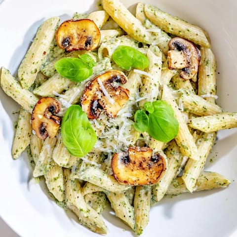 Delicious Mushroom Pesto Pasta, served hot and garnished with fresh parmesan cheese.