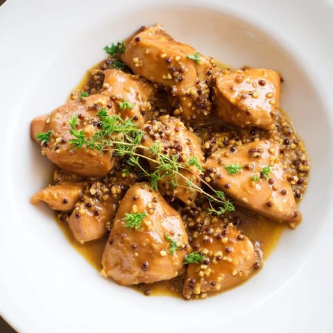 Golden-brown Honey Dijon Chicken Skillet, served alongside fluffy rice and garnished with fresh herbs.