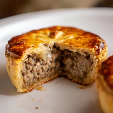 Freshly baked Mini Beef Tourtières topped with egg wash and a steam vent, arranged on a rustic baking sheet.  