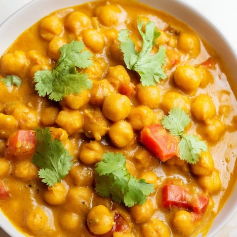 Un Chickpea Curry riche et parfumé, bouillonnant dans une marmite avec du lait de coco et des épices dorées.