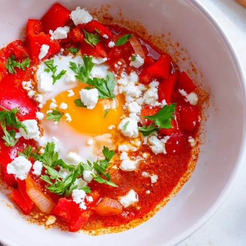Shakshuka savoureux avec des œufs coulants, garni de persil frais et servi avec du pain grillé.
