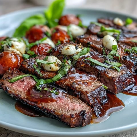 Sizzling grilled flank steak caprese topped with balsamic glaze beside cherry tomatoes and mozzarella.