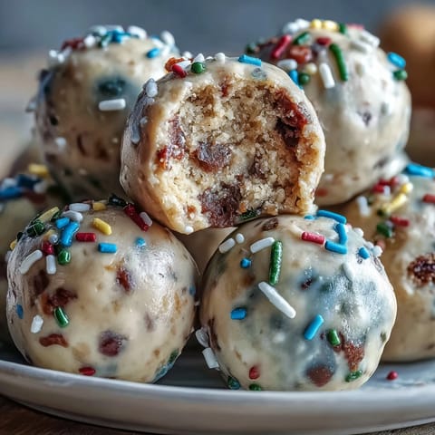 De No-Bake Cake Batter Protein Balls décorées de couleurs vives, posées sur papier sulfurisé pour une présentation gourmande et saine.