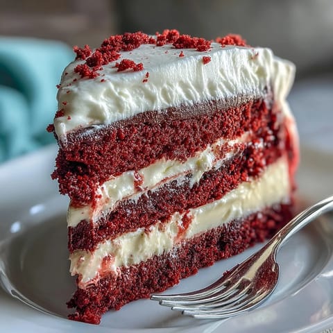 Superbe gâteau Red Velvet Cheesecake, garni de crème fouettée et de miettes.