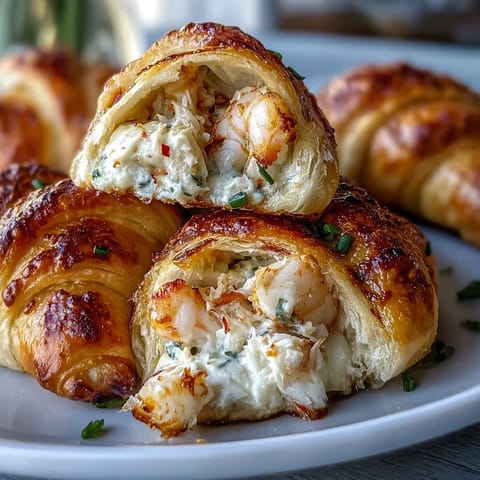 Golden-brown Shrimp and Crab Stuffed Crescent Bombs sit on a rustic wooden board, showcasing flaky pastry and a savory seafood filling peeking out.