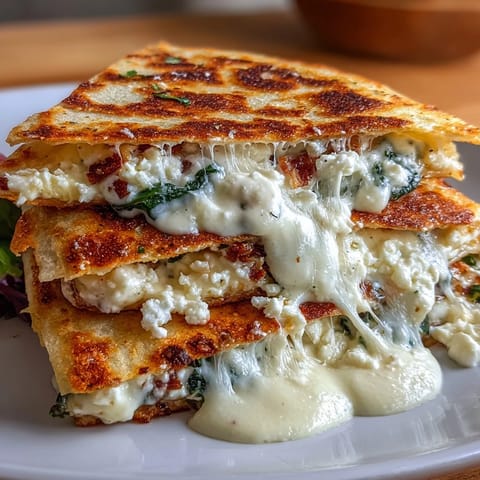 Slice of Mediterranean Quesadilla stuffed with feta, spinach, and herbs served with a light salad.  