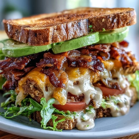 Ce Cowboy Club Sandwich se dresse généreusement avec bacon, poulet, avocat et sauce barbecue sur du pain grillé.
