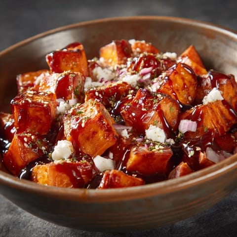 Le Sweet Potato Burger Bowl, un dîner sain en bol, présente du bœuf épicé, des pommes de terre douces caramélisées, des oignons rouges vifs et une sauce maison pour un repas réconfortant.