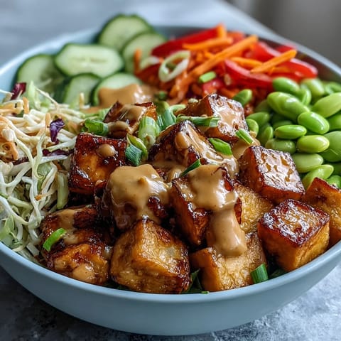 Le bol de tofu aux arachides déborde de couleurs, de tofu croustillant et de sauce crémeuse.