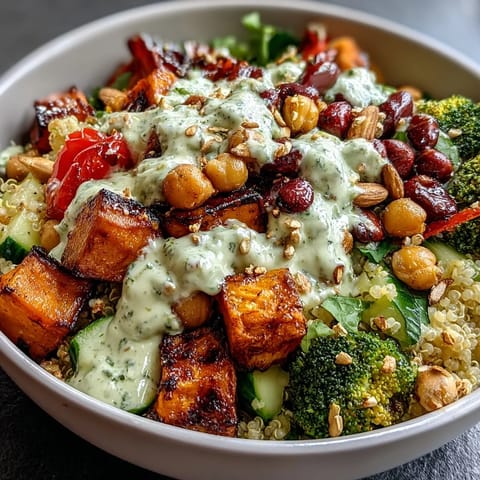 Plaisir sain : bol repas de la semaine, garni de noix croquantes et de sauce onctueuse.