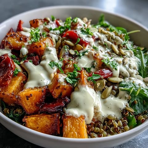 Midi parfait: Lentil Power Bowl coloré avec grains, lentilles et légumes caramélisés.