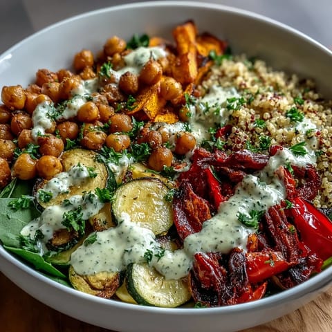Délicieux bol végétalien de pois chiches rôtis croquants avec dressing crémeux au tahini.