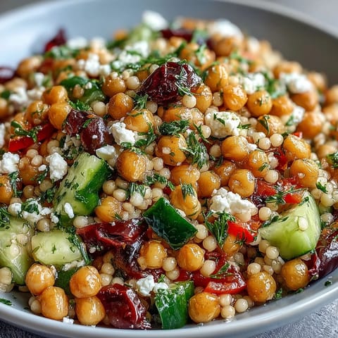 A big bowl of Mediterranean Pearl Couscous with olives, peppers, and parsley, ready to serve for lunch.