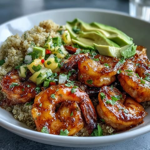 Fresh shrimp and creamy avocado bowls arranged over quinoa, finished with vibrant mango salsa and zesty chili-lime drizzle.