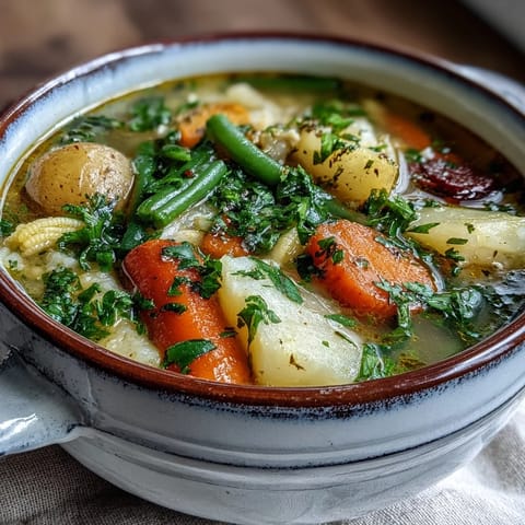 Assiette généreuse d'Amish Snow Day Soup crémeux, parsemée de persil frais et accompagnée d'un pain croustillant.
