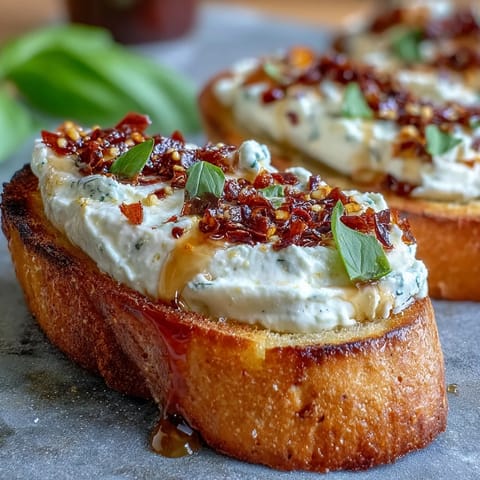 Morceaux de Hot Honey Ricotta Bruschetta avec ricotta aérée, miel piquant, chili crunch et fines herbes fraîches pour appétit.