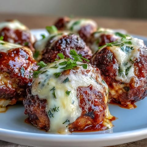 Baked spicy chicken Parm meatballs in a skillet with marinara and melted mozzarella, perfect for scooping onto crusty garlic bread.