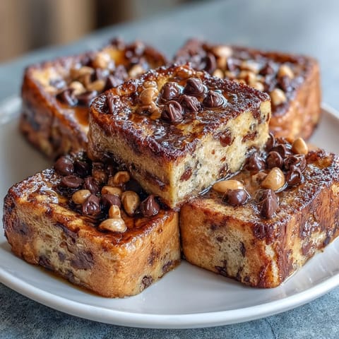 Une part généreuse de High-Protein Peanut Butter & Chocolate Baked French Toast avec des éclats de cacahuètes et copeaux de chocolat