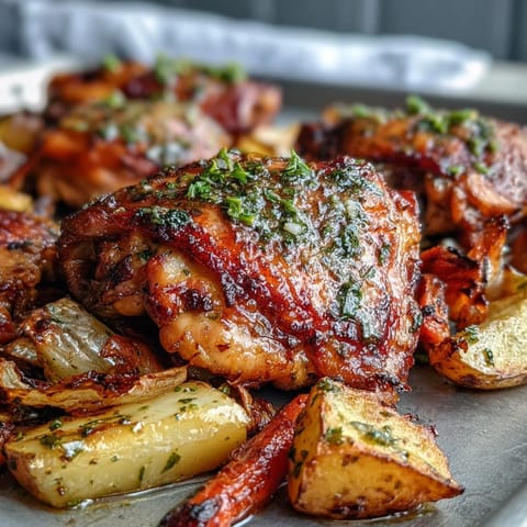 Plat familial de cuisses de poulet au ranch et légumes rôtis, parfait pour un dîner.